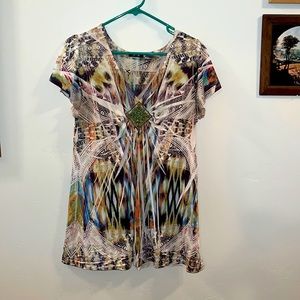 Women’s Short Sleeved Blouse, Beaded Diamond in the Middle, Green, Cream, Browns